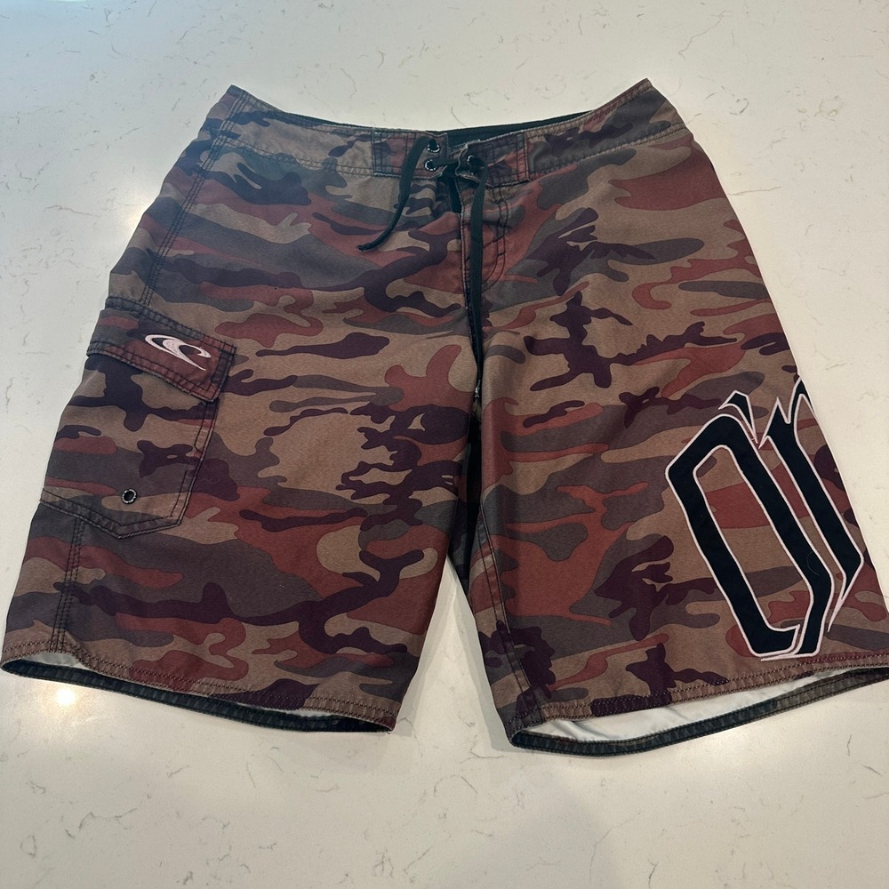 ONeill Mens Camo Board Shorts Brown Red Camouflage Cargo Swim Trunks Size 33